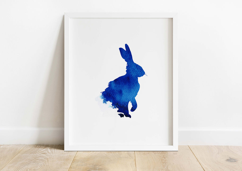 Minimalist hare print in blue watercolor, Abstract rabbit silhouette in calming blue, Soothing blue hare painting for modern decor