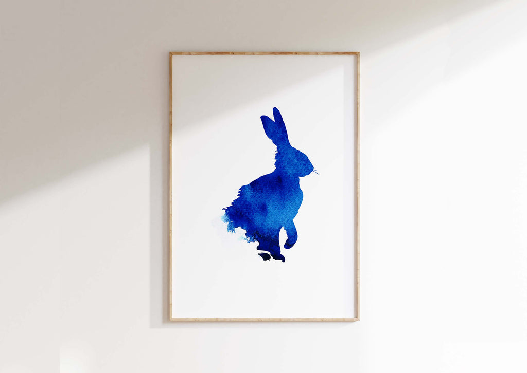 Watercolour Hare Print, Watercolour rabbit print, Hare Art Print, Blue watercolor hare silhouette wall art, Nature-inspired decor