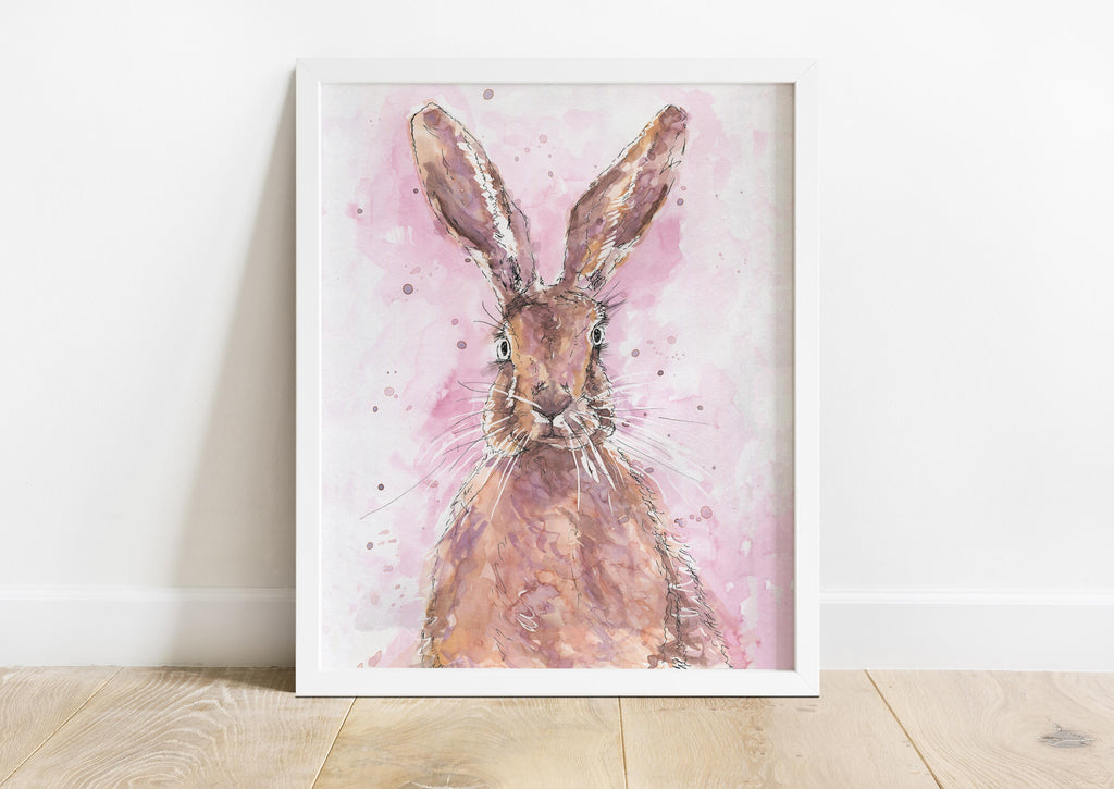 Watercolor hare print featuring a delicate hare against a vibrant pink spatter background, evoking grace and whimsy in a stunning artistic composition.