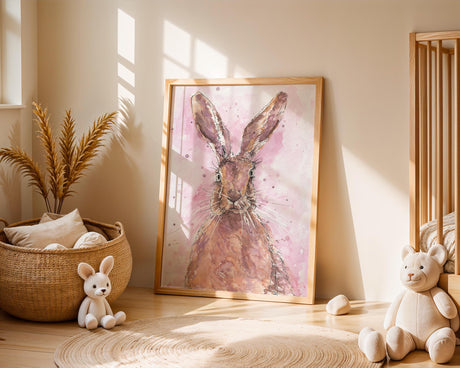 Watercolour and ink hare on a pink background with expressive brushstrokes and ink spatters.