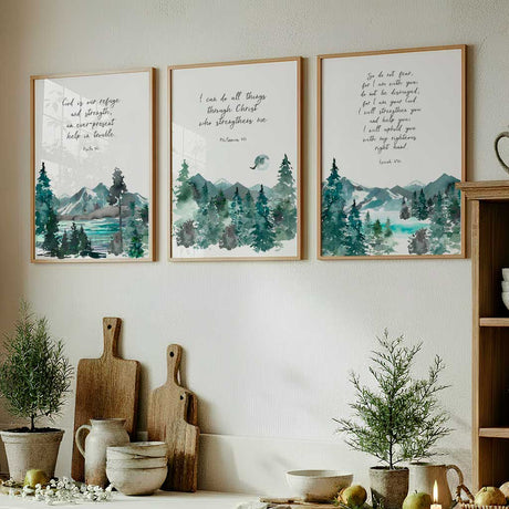 Set of 3 Christian prints with peaceful mountain designs and verses about strength, comfort, and divine presence.