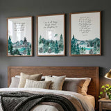 Set of 3 Christian prints with peaceful mountain designs and verses about strength, comfort, and divine presence.