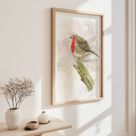 'A Winter Visitor', a robin art print with a charming bird on a white background, perfect gift for bird lovers.
