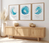 Christian ocean-themed print set featuring turquoise waves and Psalm 89:9 about God calming the sea.