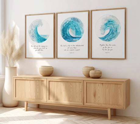 Christian ocean-themed print set featuring turquoise waves and Psalm 89:9 about God calming the sea.