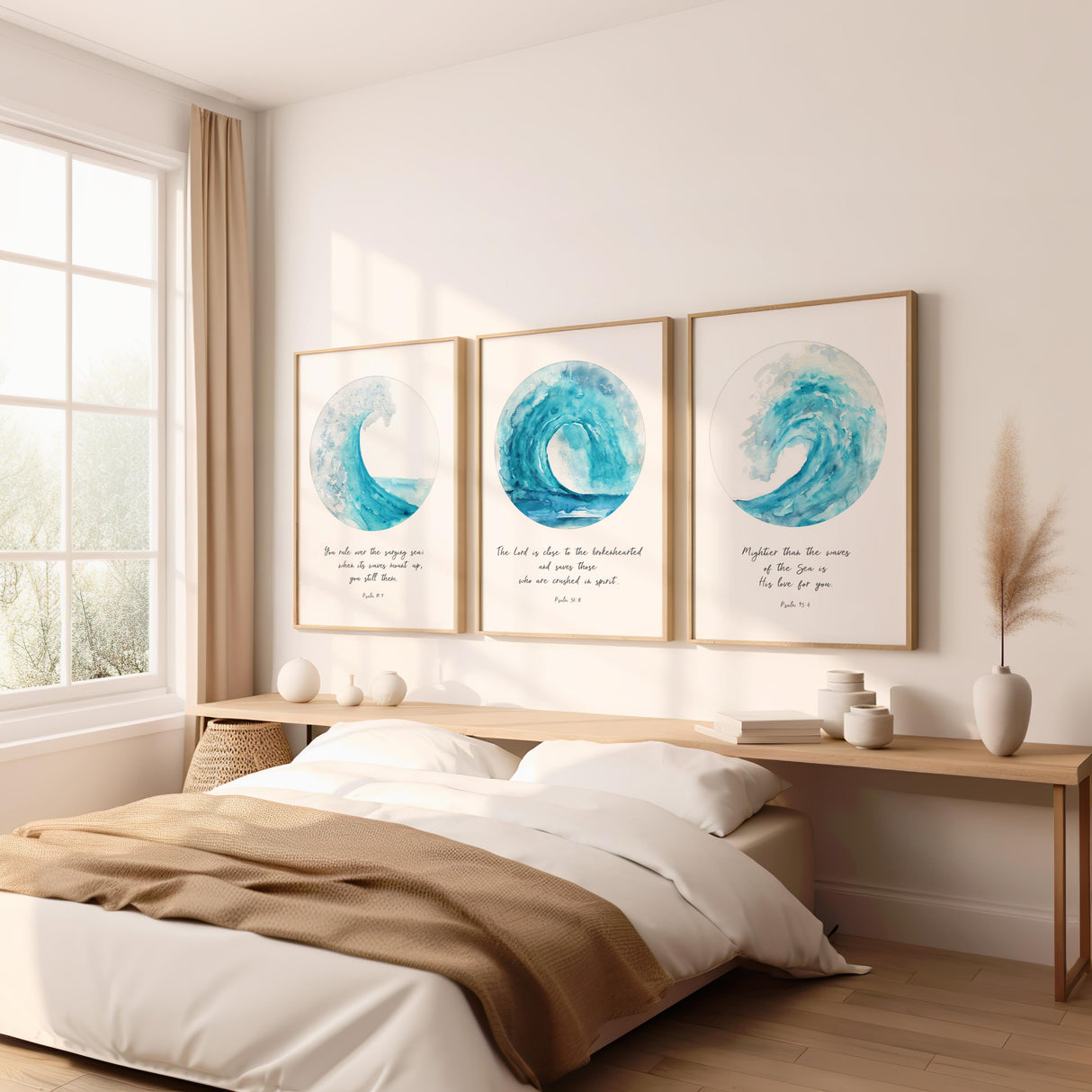 Set of 3 turquoise ocean wave Bible prints designed to inspire peace, hope, and faith.