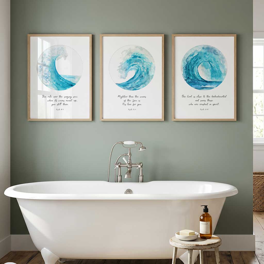 Set of 3 turquoise ocean wave Bible prints designed to inspire peace, hope, and faith.