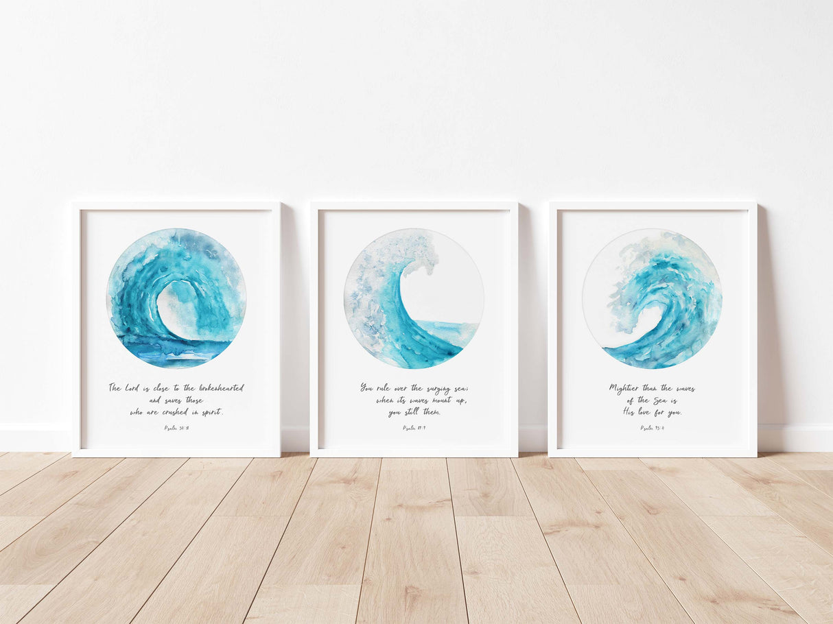 Captivating Psalm prints: God's power over waves (Psalm 89:9), comfort for broken hearts (Psalm 34:18), and boundless love (Psalm 93:4) - Adorn your space with ocean elegance