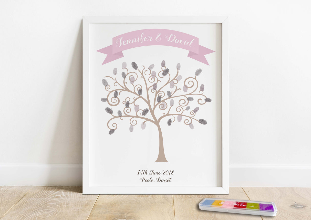 Fingerprint Guestbook Art: Wedding Tree Print Featuring Unique Leaves and Optional Inkpad