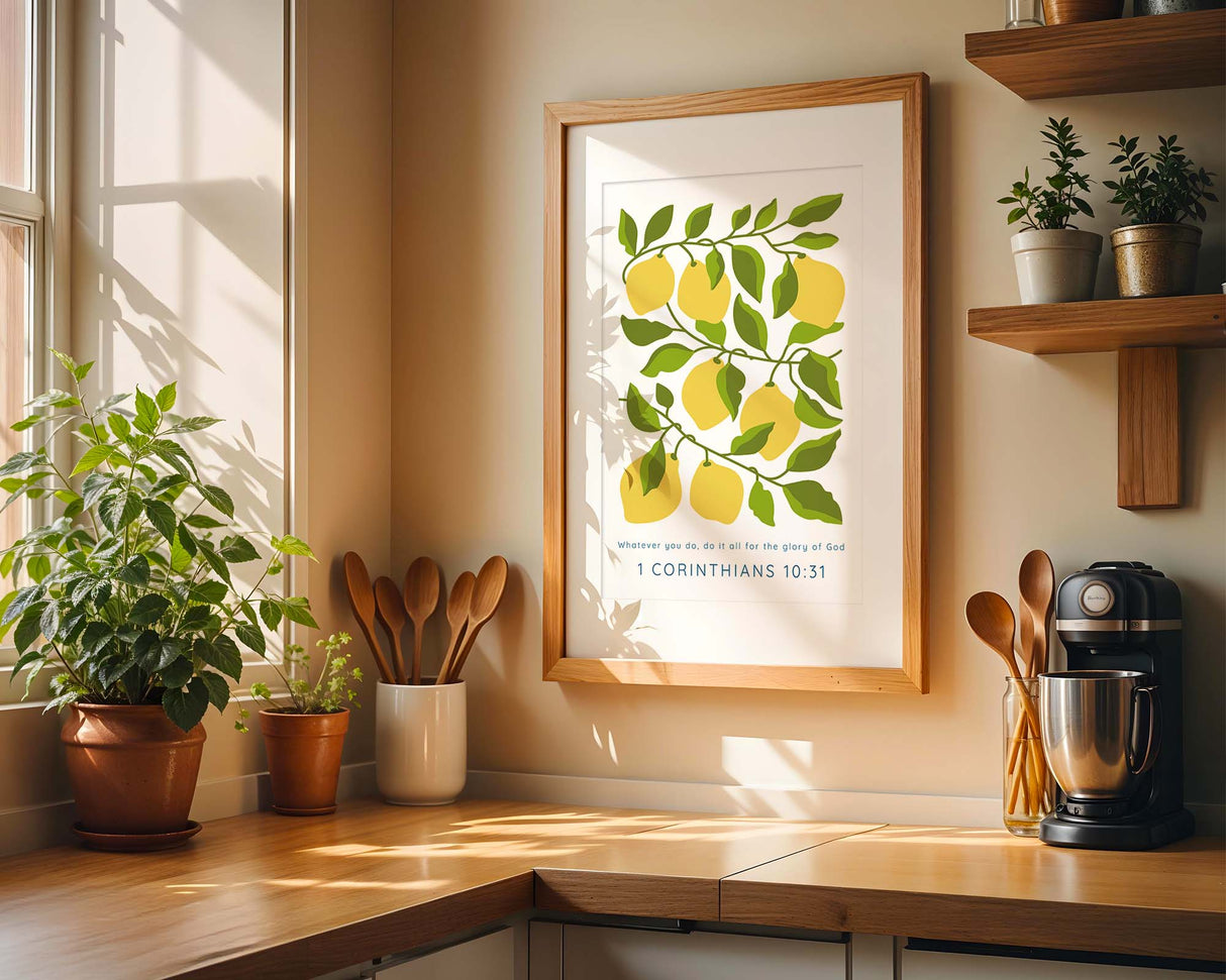 Bible verse wall art with lemons and leaves, quoting 1 Corinthians 10:31 for a cheerful and inspiring Christian reminder.