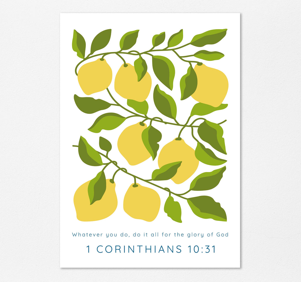 Biblical quote wall art with cute lemons and leaves, Christian retro wall decor with 1 Corinthians 10:31