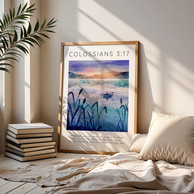 Mountain and river Bible print encouraging gratitude and purpose through faith. Faith-based wall decor with a scenic landscape and a verse about honouring Christ in word and deed.