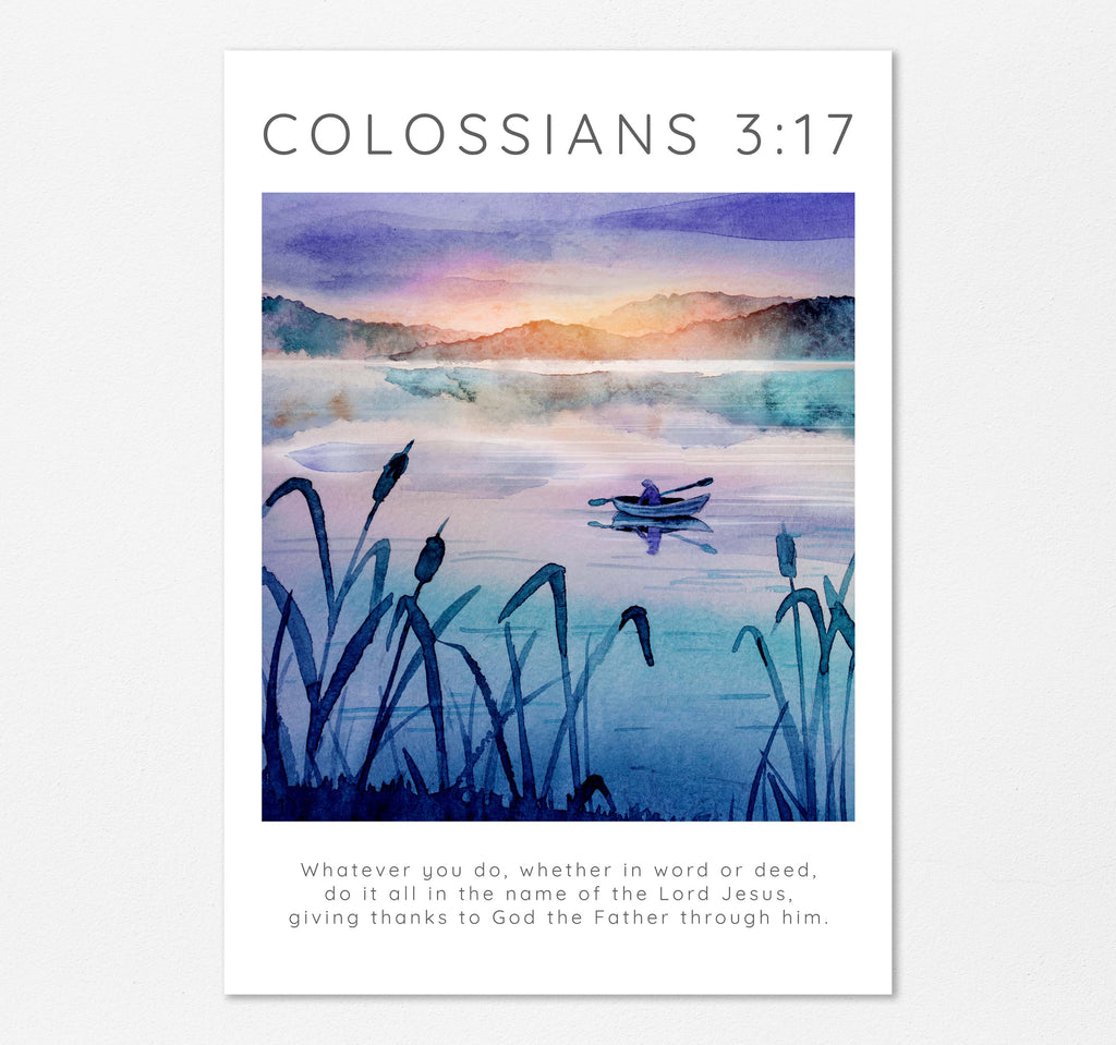 Faith-based room accent with Colossians 3:17, Tranquil nature scene with biblical message, Unique Christian gift for meditation space