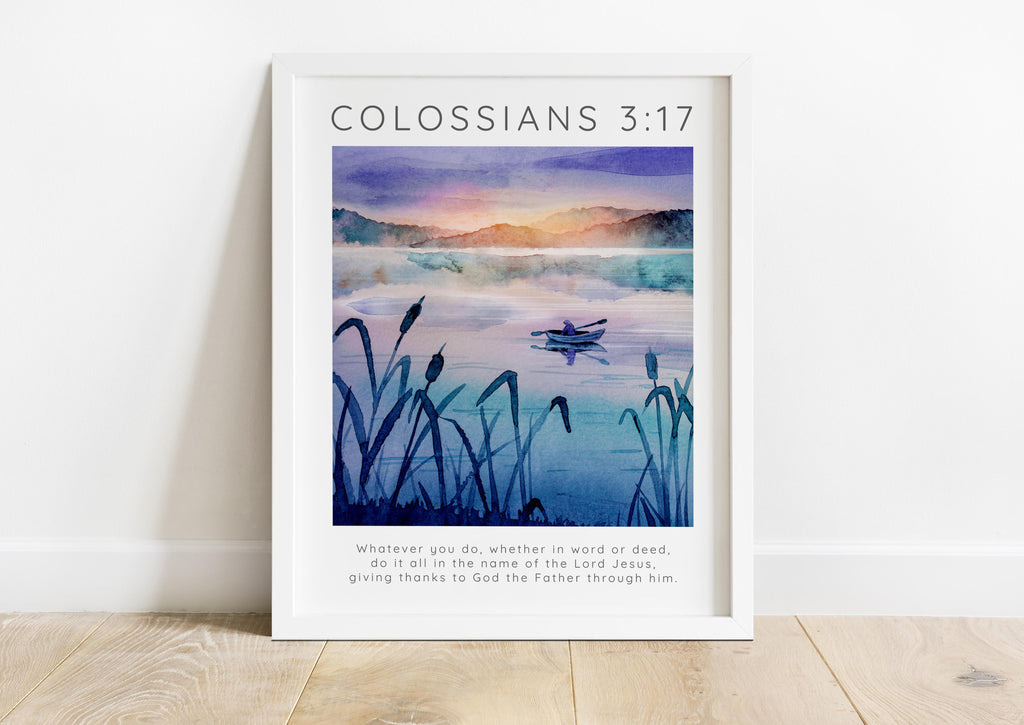 Biblical verse art for a serene living space, Mountains and river Christian wall poster, Devotional art with Colossians 3:17 message