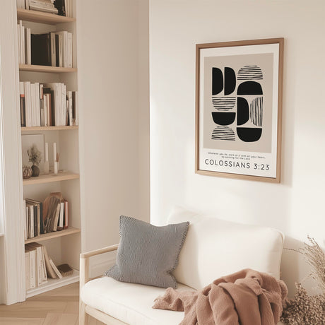 Colossians 3 23 abstract Bible verse print with black and tan modern design for office decor.