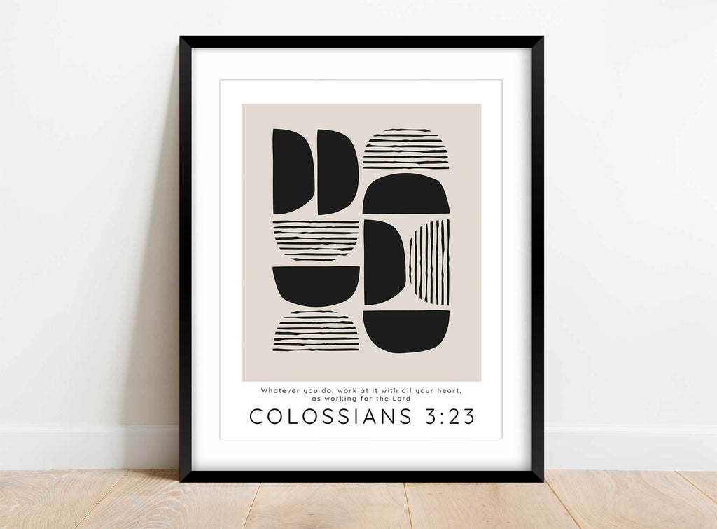 Sophisticated Office Wall Art: Colossians 3:23 Scripture in Black and Tan Abstract Design