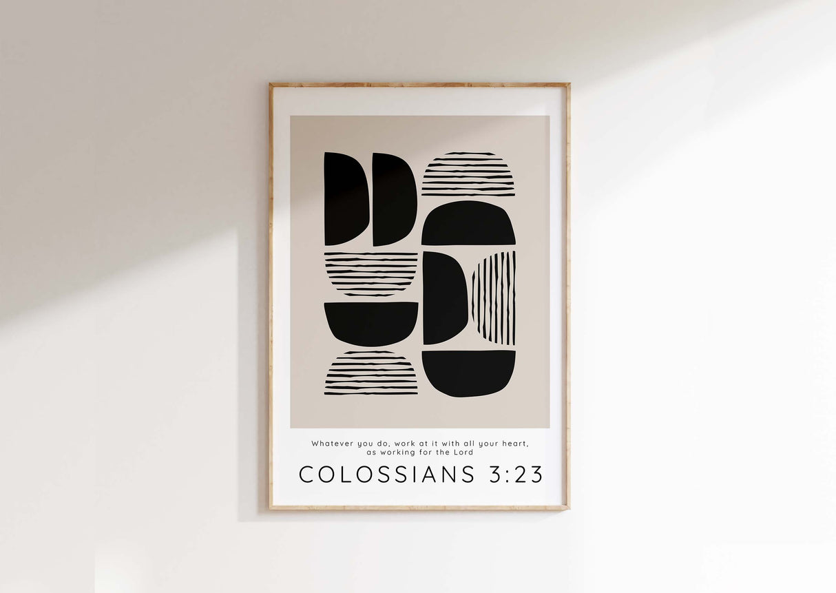 Transform Your Workspace with a Black and Tan Abstract Print Featuring Colossians 3:23.