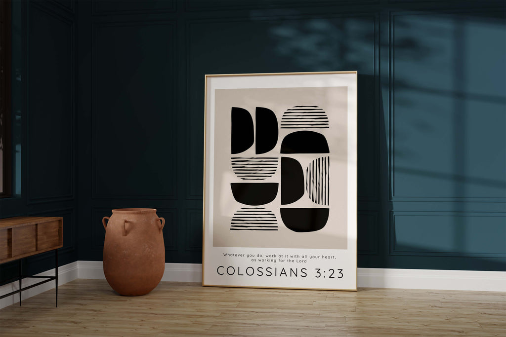 Elevate Your Work Environment: Black and Tan Abstract Print with Colossians 3:23 Message