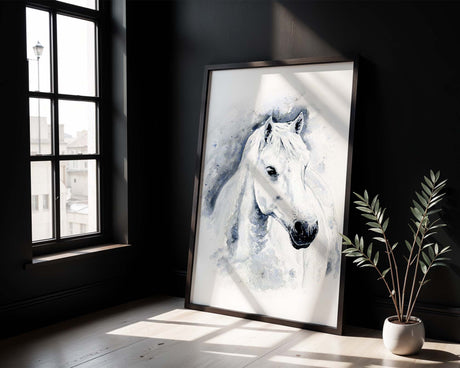 Moody horse wall art in grey tones with soft brushstrokes