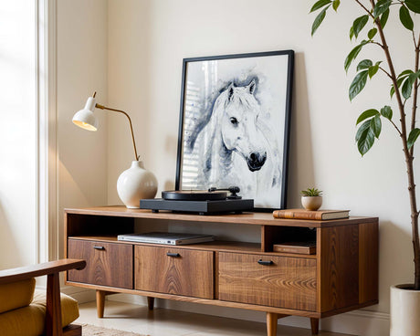 Equine fine art print featuring a soulful grey horse . Serene horse painting in black and white watercolour