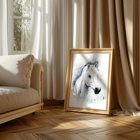 Horse head portrait in grey tones, gentle and expressive. Artistic horse print in monochrome for modern interiors