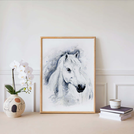 Watercolour equine artwork with emotional depth. Elegant grey horse wall decor in black and white
