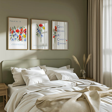 Set of three wildflower-themed Bible verse prints featuring poppies and cornflowers with scriptures from Psalms and the acronym GRACE.