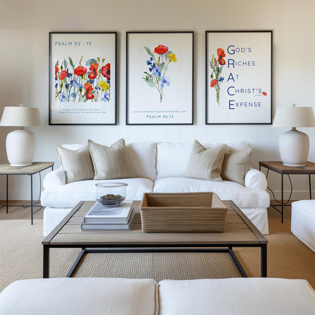 Christian wall art print set with vibrant floral illustrations and verses from Psalm 92:13, Psalm 96:13, and a GRACE acronym reflecting divine blessings.