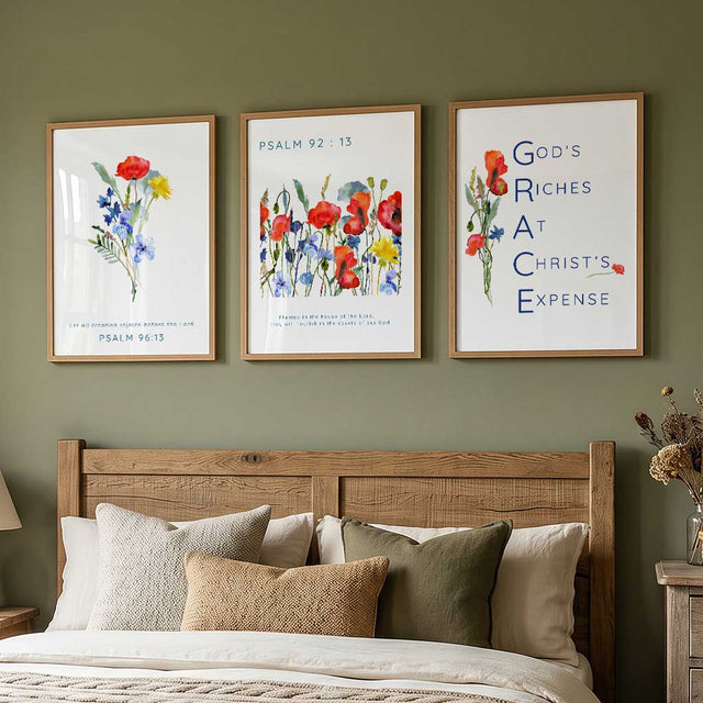Set of three wildflower-themed Bible verse prints featuring poppies and cornflowers with scriptures from Psalms and the acronym GRACE.