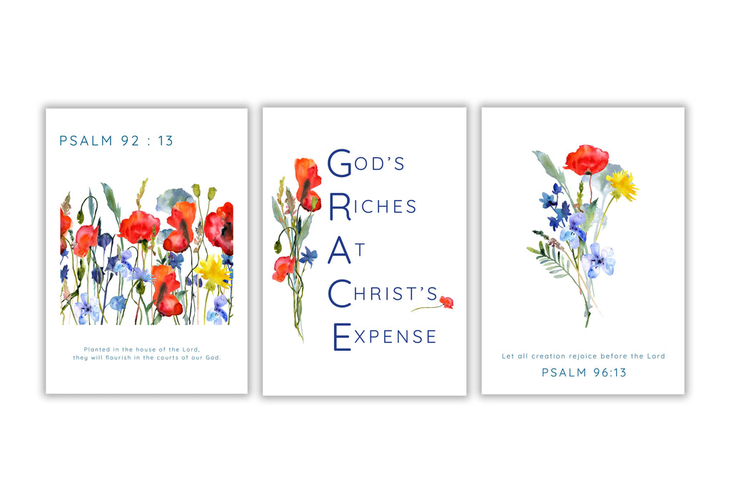 Inspirational wildflower wall prints, Psalm 92:13 blooming wildflower art, Grace acronym Christian scripture prints