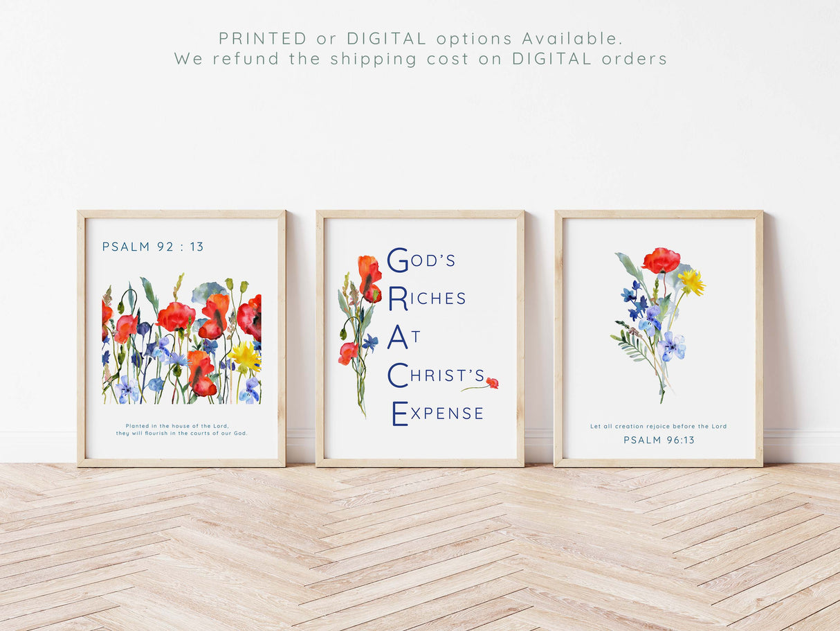 Inspirational wildflower wall prints, Psalm 92:13 blooming wildflower art, Grace acronym Christian scripture prints