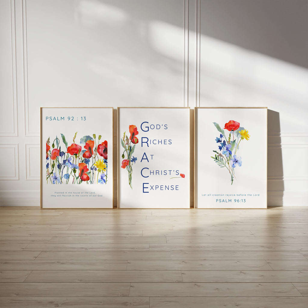 Cornflowers and poppies faith-inspired art, Psalm 96:13 wildflower scripture trio, God's Riches At Christ's Expense prints