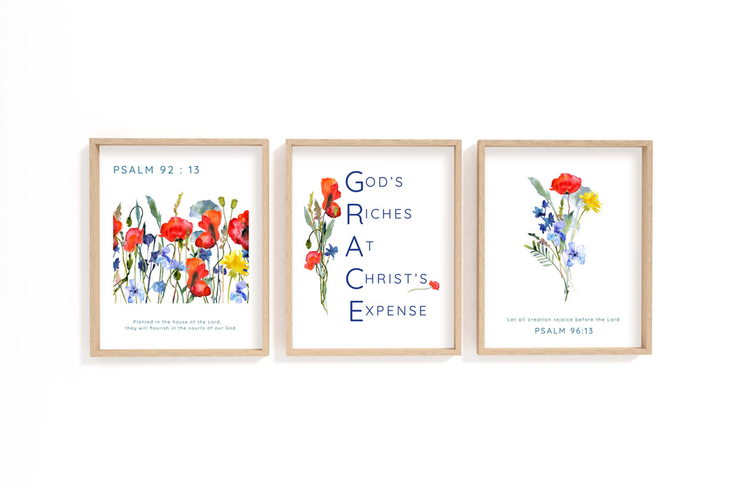 Christian grace acronym floral wall art, Poppies and cornflowers Bible verse set, Modern floral GRACE acronym home decor