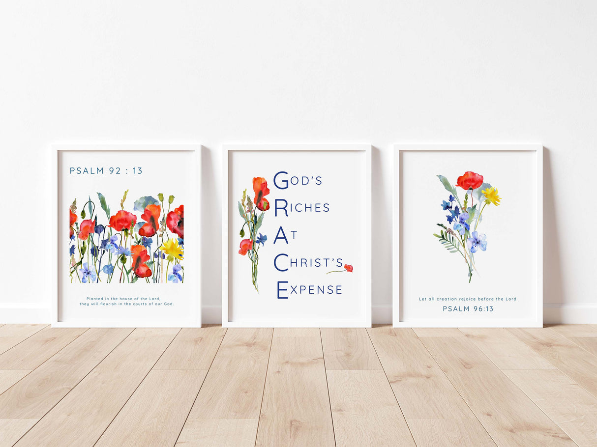 Contemporary wildflower verse wall decor, Christian acronym GRACE floral prints, Psalm 96:13 wildflower praise artwork