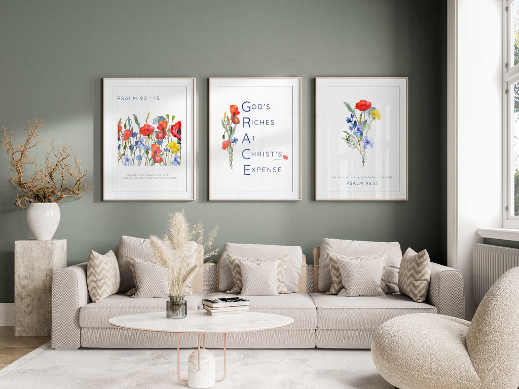 Blossoming faith scripture prints, GRACE acronym Christian home wall art, Inspirational Psalm 92:13 floral prints