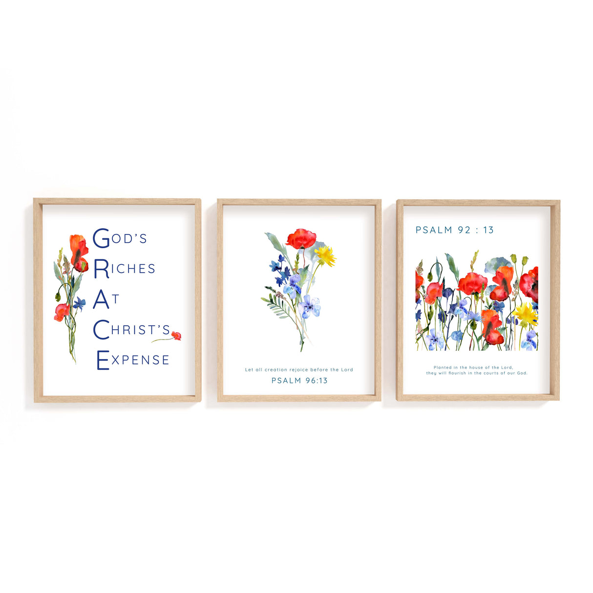 
Inspirational Bible verse print trio with poppies and cornflowers, celebrating themes of flourishing faith, grace, and joyful praise through scripture.