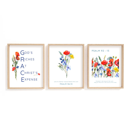 
Inspirational Bible verse print trio with poppies and cornflowers, celebrating themes of flourishing faith, grace, and joyful praise through scripture.