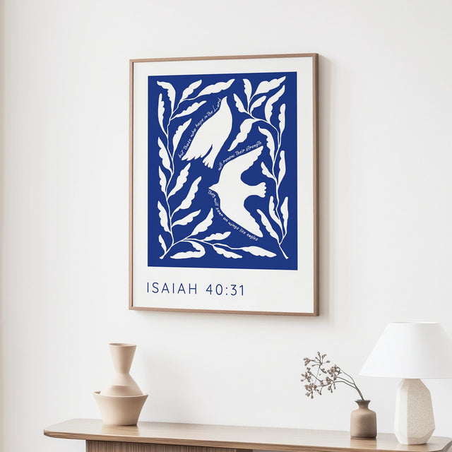 Isaiah 40:31 eagle Bible verse print with white birds soaring on a deep blue background and hope-filled scripture.