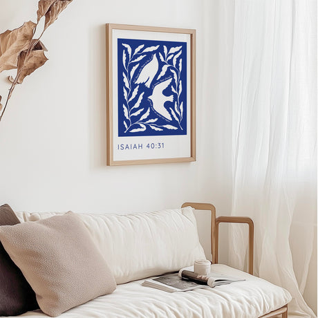 Christian wall art featuring “those who hope in the Lord” quote with graceful white birds and elegant blue tones.