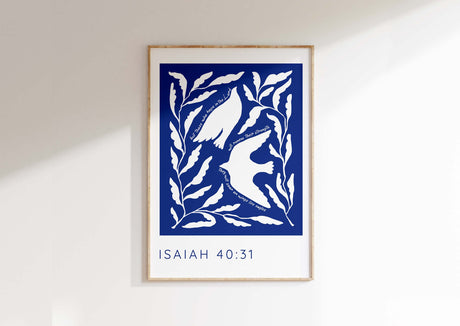 Find hope in the Lord - Isaiah 40:31 Bible prints with white birds soaring on wings like eagles against a dark blue backdrop.