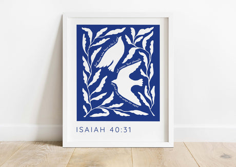 Elevate your decor with Isaiah 40:31 Bible verse prints - Two white birds amidst leaves, carrying the empowering message