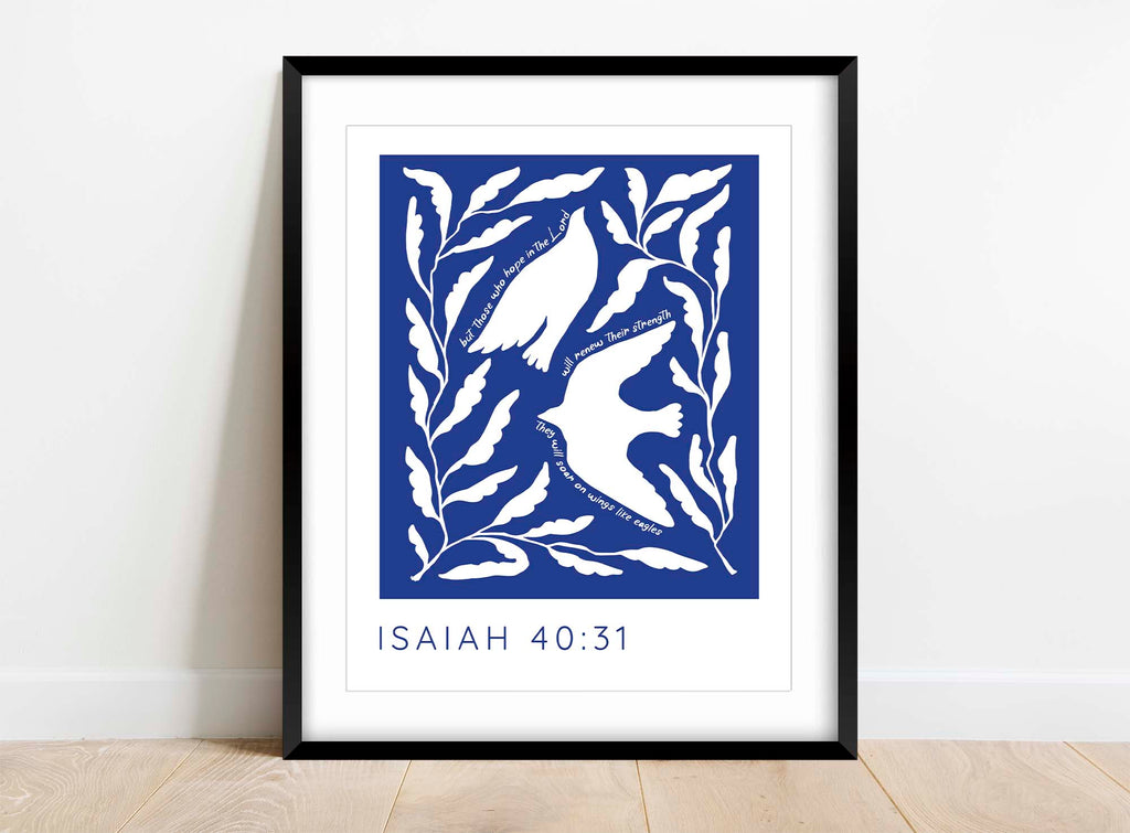 Isaiah 40:31 Bible prints - Inspiring quote encircles white birds, reminding you to hope in the Lord and soar with strength