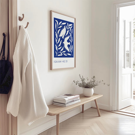 Soaring eagle-inspired Bible print with Isaiah 40:31 verse in clean white lettering and bold blue background.