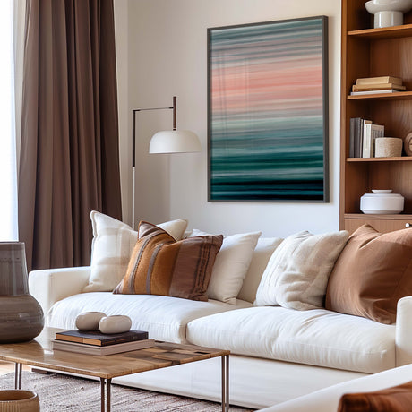 Horizontal striped artwork in cool, soothing shades of blue, teal, and pink.