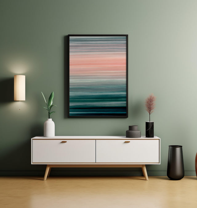 Striking modern painting with horizontal bands of dark blue, teal, and pink.