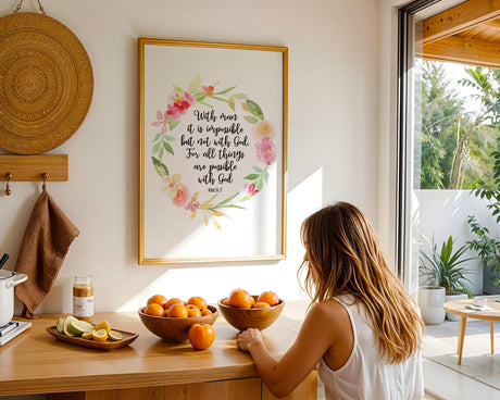 Christian wall art featuring Mark 10:27 surrounded by peach, pink, and orange flowers.