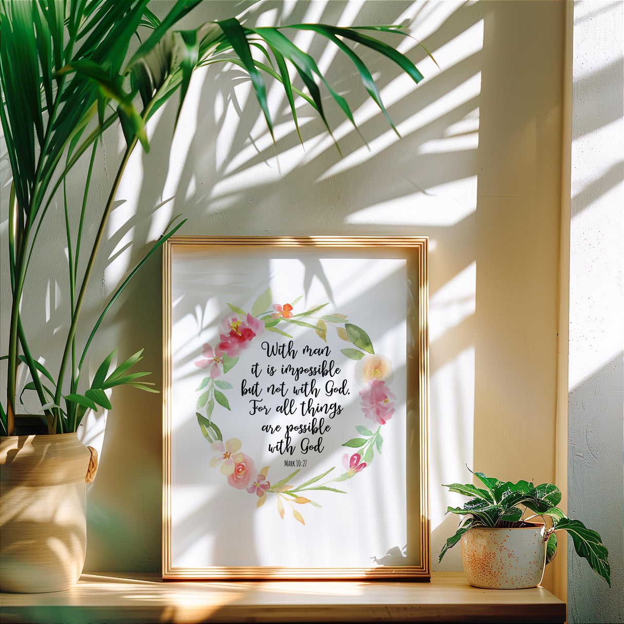 Bible verse print with floral wreath surrounding the words of Mark 10:27 in elegant script.