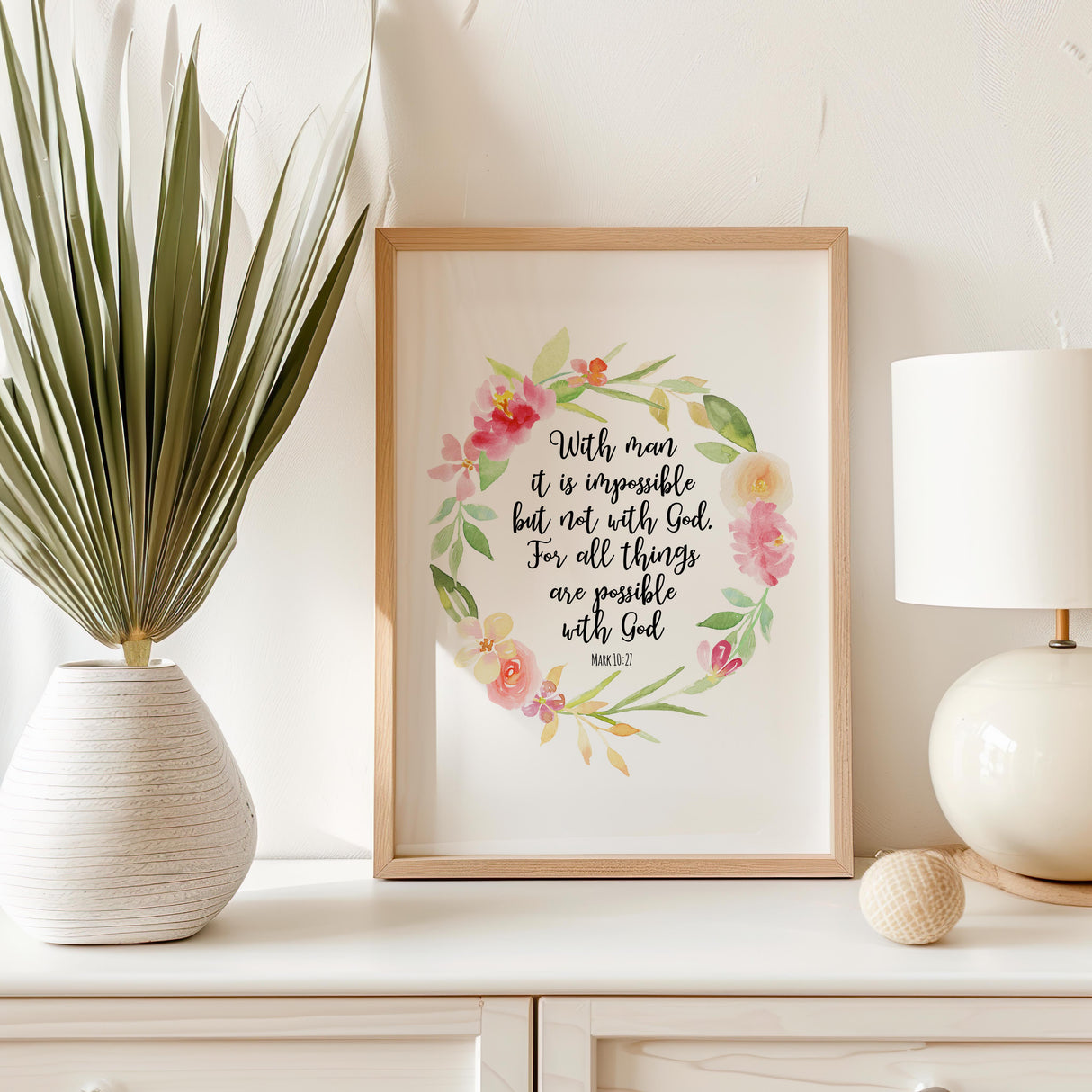 Watercolour floral wreath Bible art print with pastel tones and encouraging Christian quote.