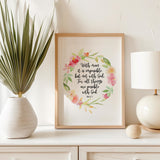 Watercolour floral wreath Bible art print with pastel tones and encouraging Christian quote.