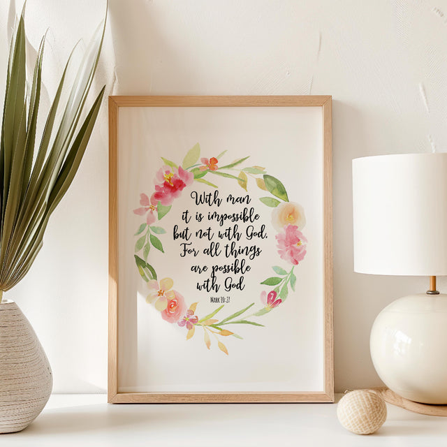 Watercolour floral wreath Bible art print with pastel tones and encouraging Christian quote.